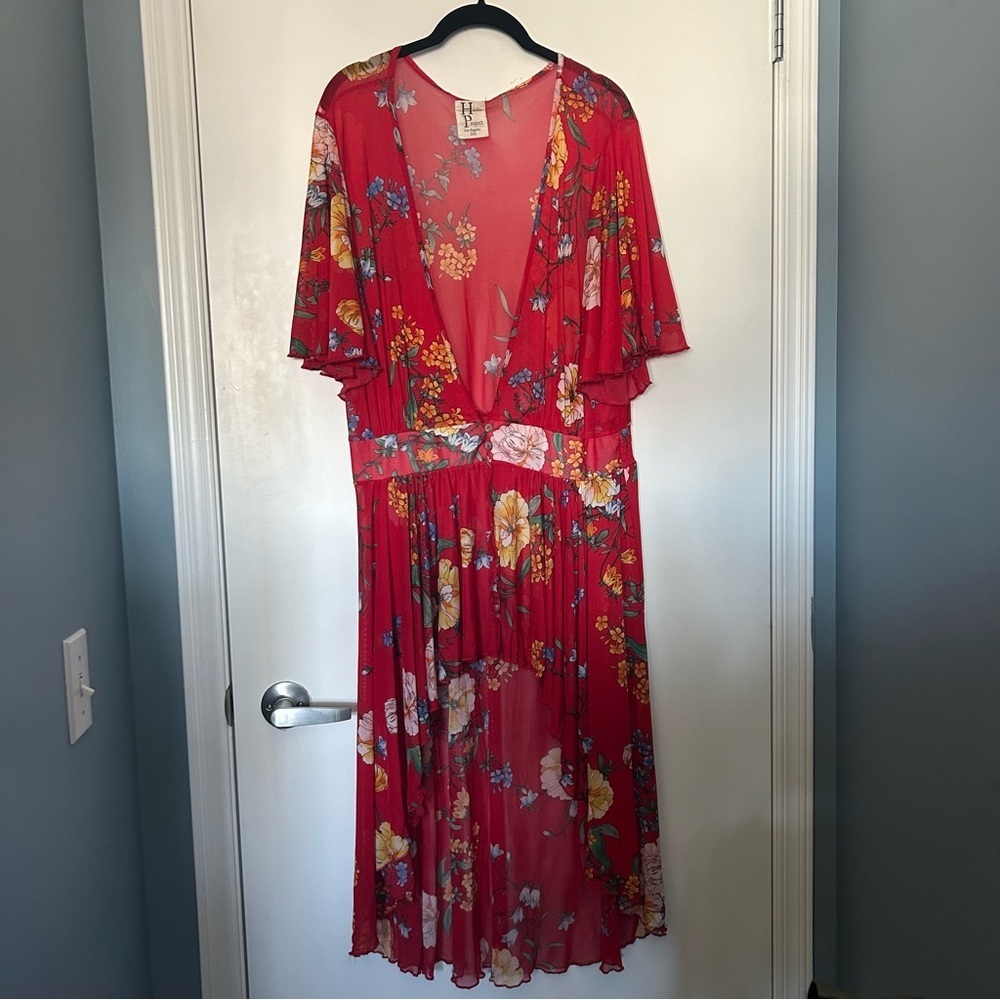 Red and Yellow Floral V-neck Blouse with Ruffled Bell Sleeves